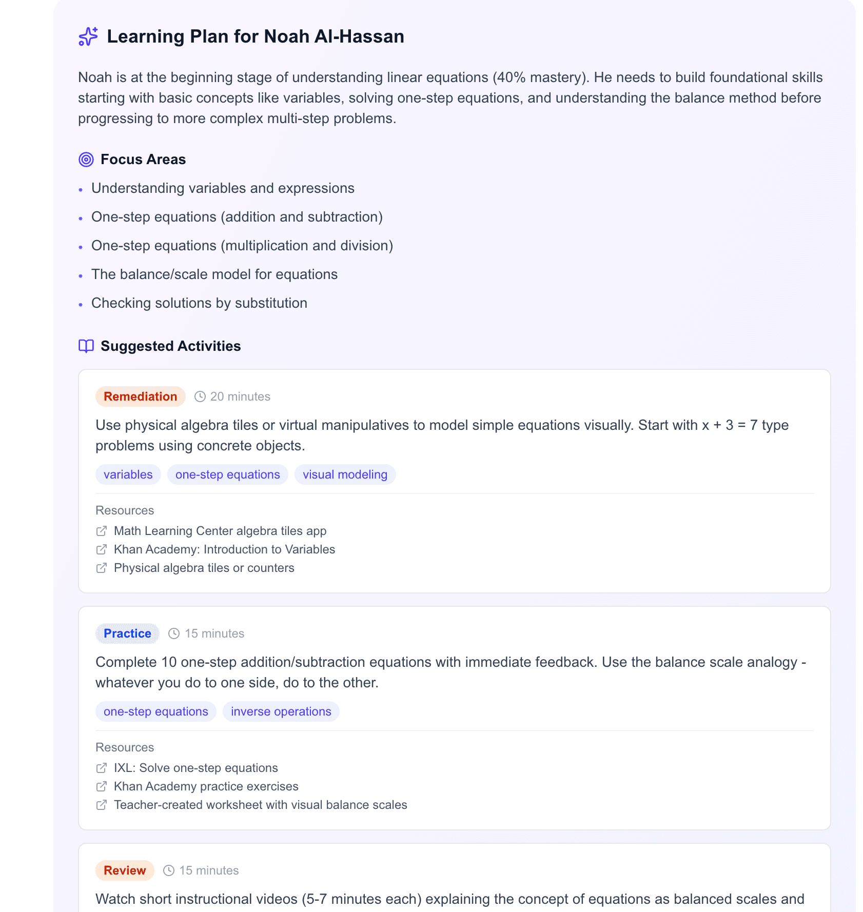 AI-generated learning plan with focus areas and activities