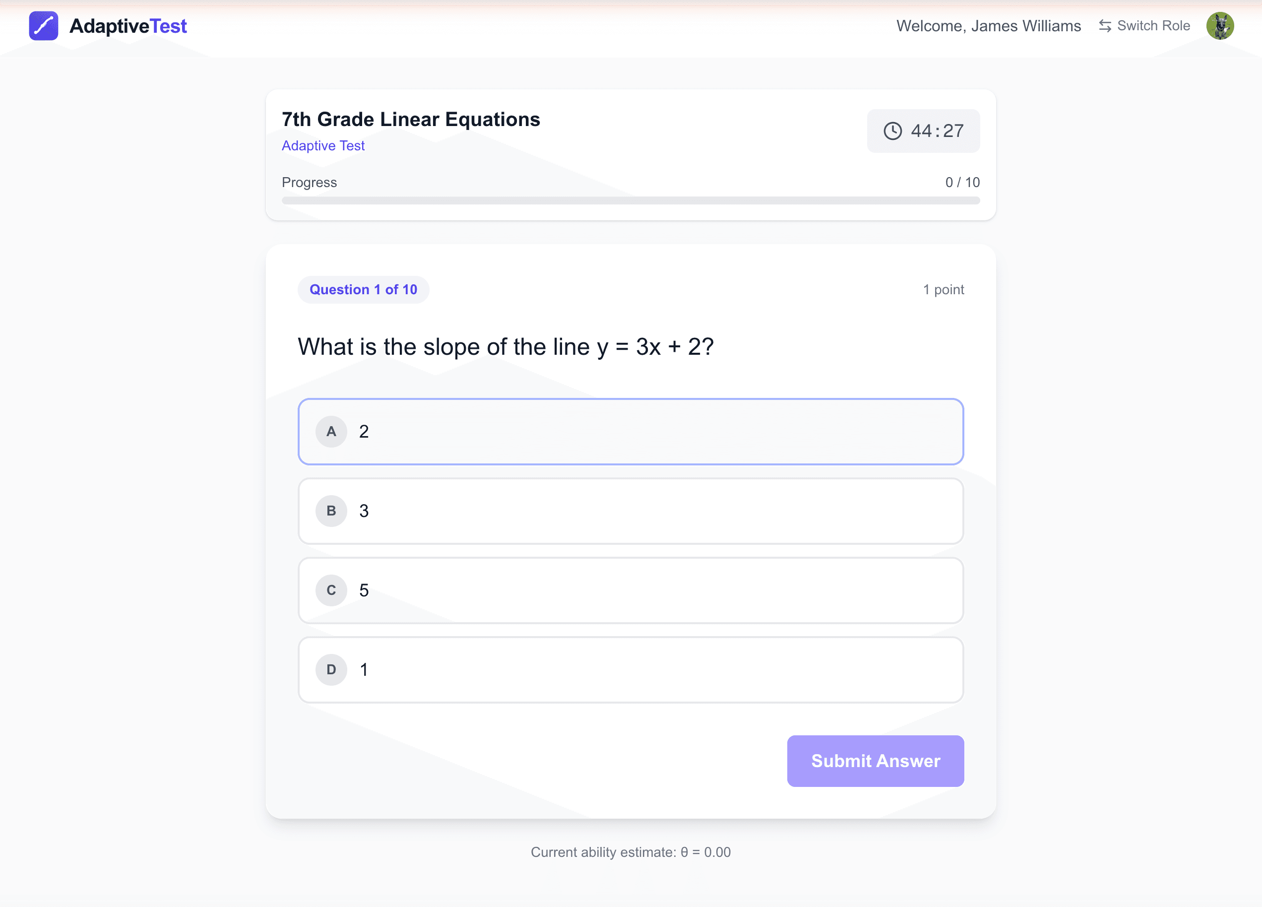 Student taking an adaptive test with timer and progress