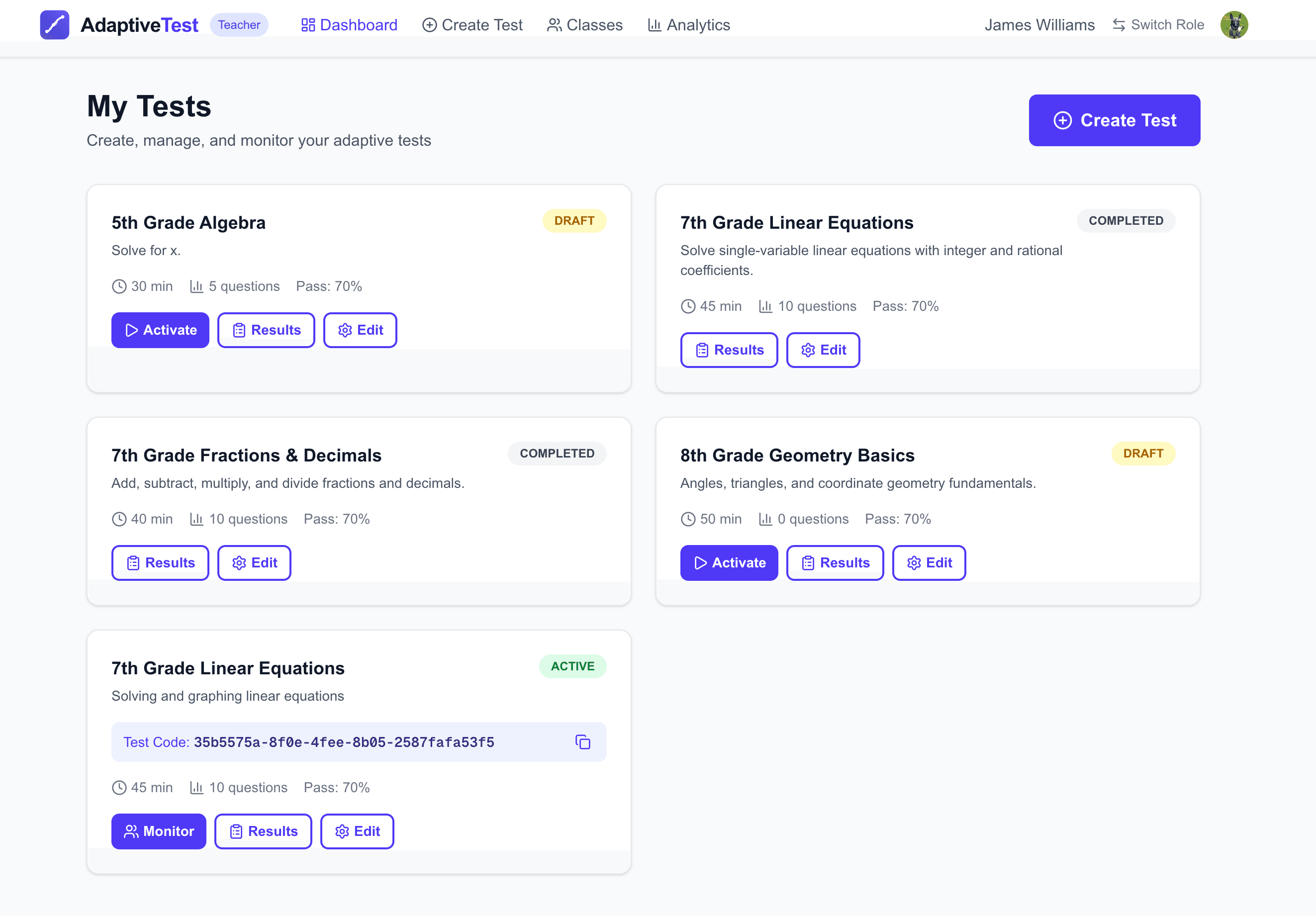 Teacher dashboard showing test cards with status badges